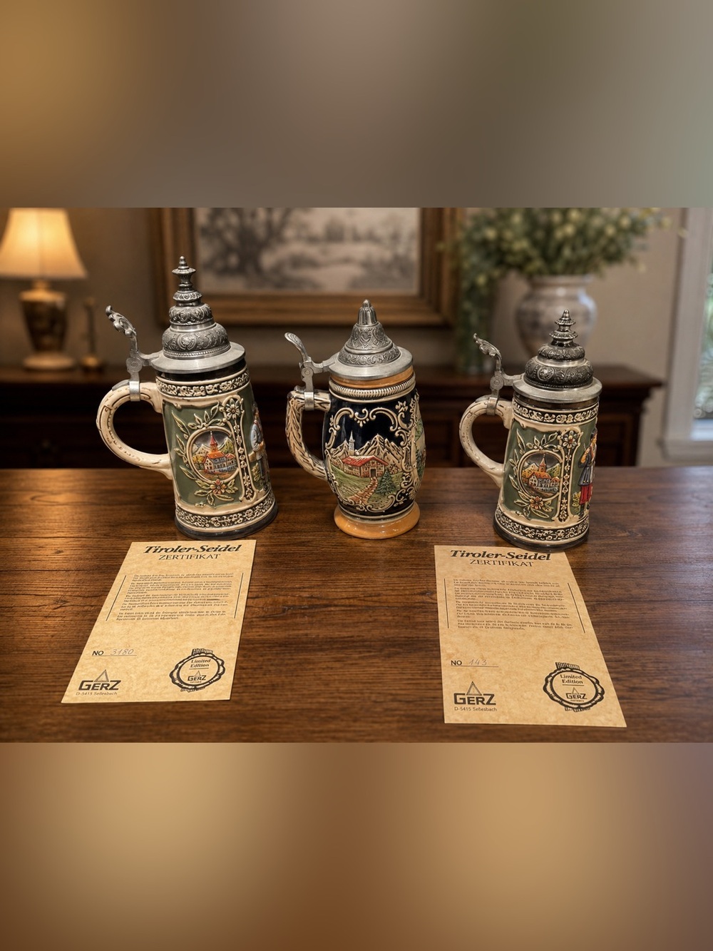 Gerz Traditional Ceramic German Beer Stein - Green Accent